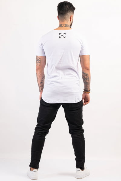Camiseta Longline Masculina Branca Estampada Caveira Kawipii