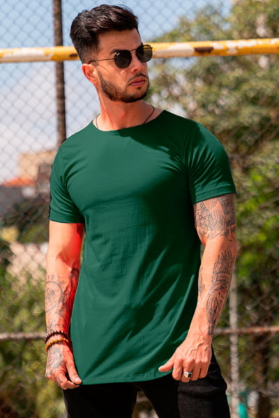 Camiseta Longline Masculina Verde Militar Lisa
